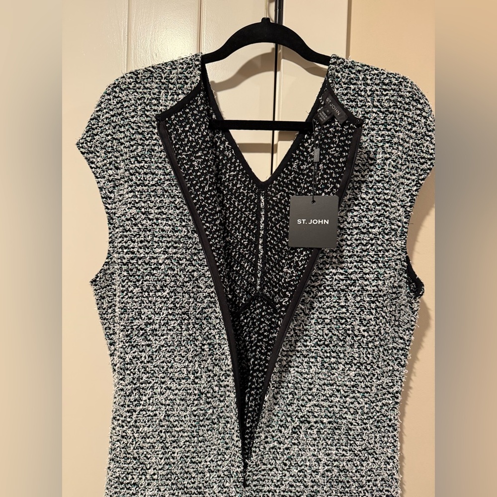 NWT St. JOHN Size 14 Multi Black White Mint Cap Sleeve V-Neck Dress Empire Waist - Picture 8 of 16